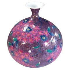Japanese Contemporary Purple Green Pink Gold Porcelain Vase by Master Artist, 4