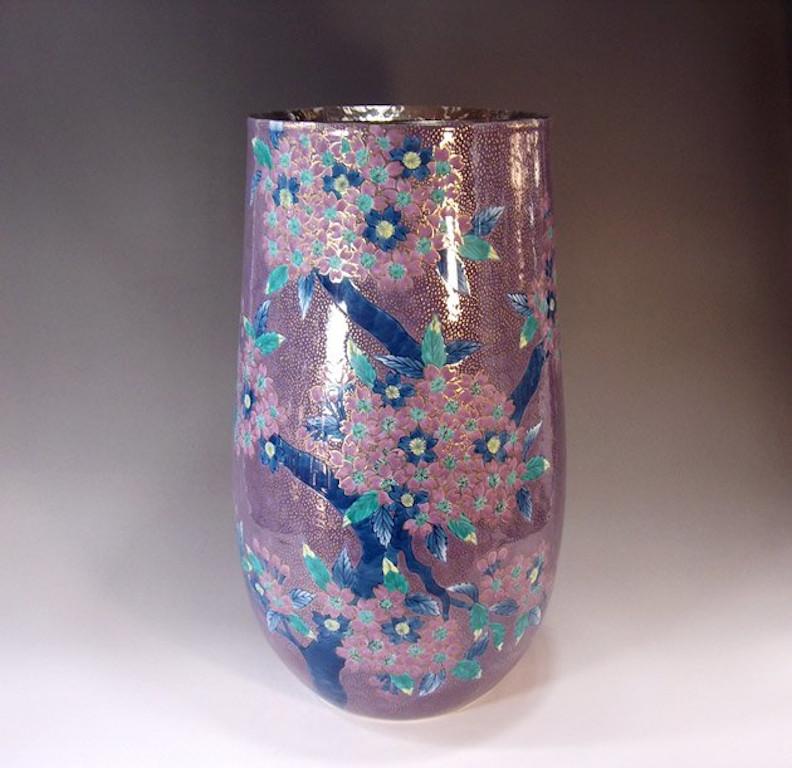 Meiji Japanese Contemporary Purple Green Yellow Porcelain Vase by Master Artist, 2 For Sale