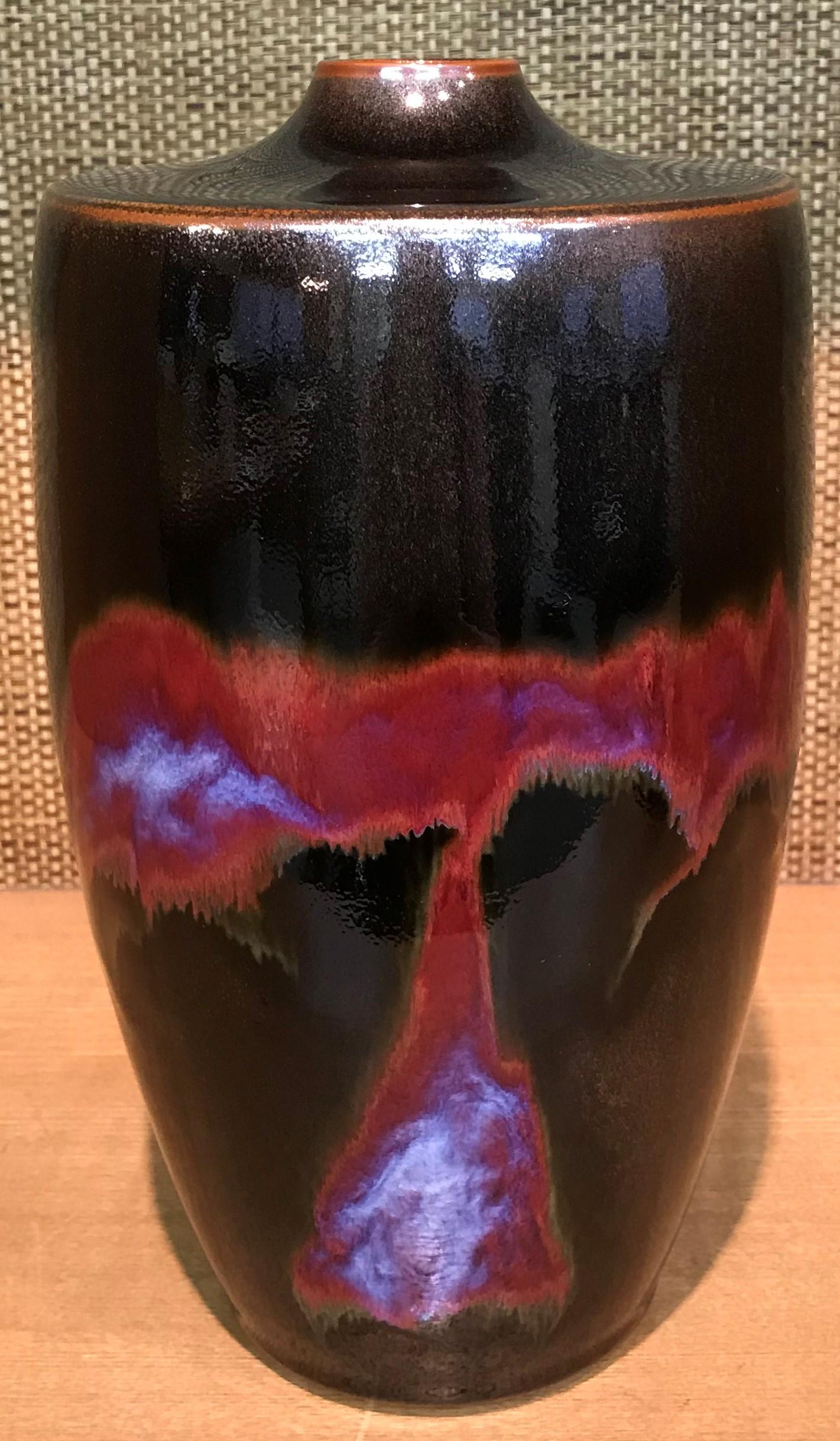 Japanese Contemporary Red Black Hand-Glazed Ceramic Vase by Master Artist 1