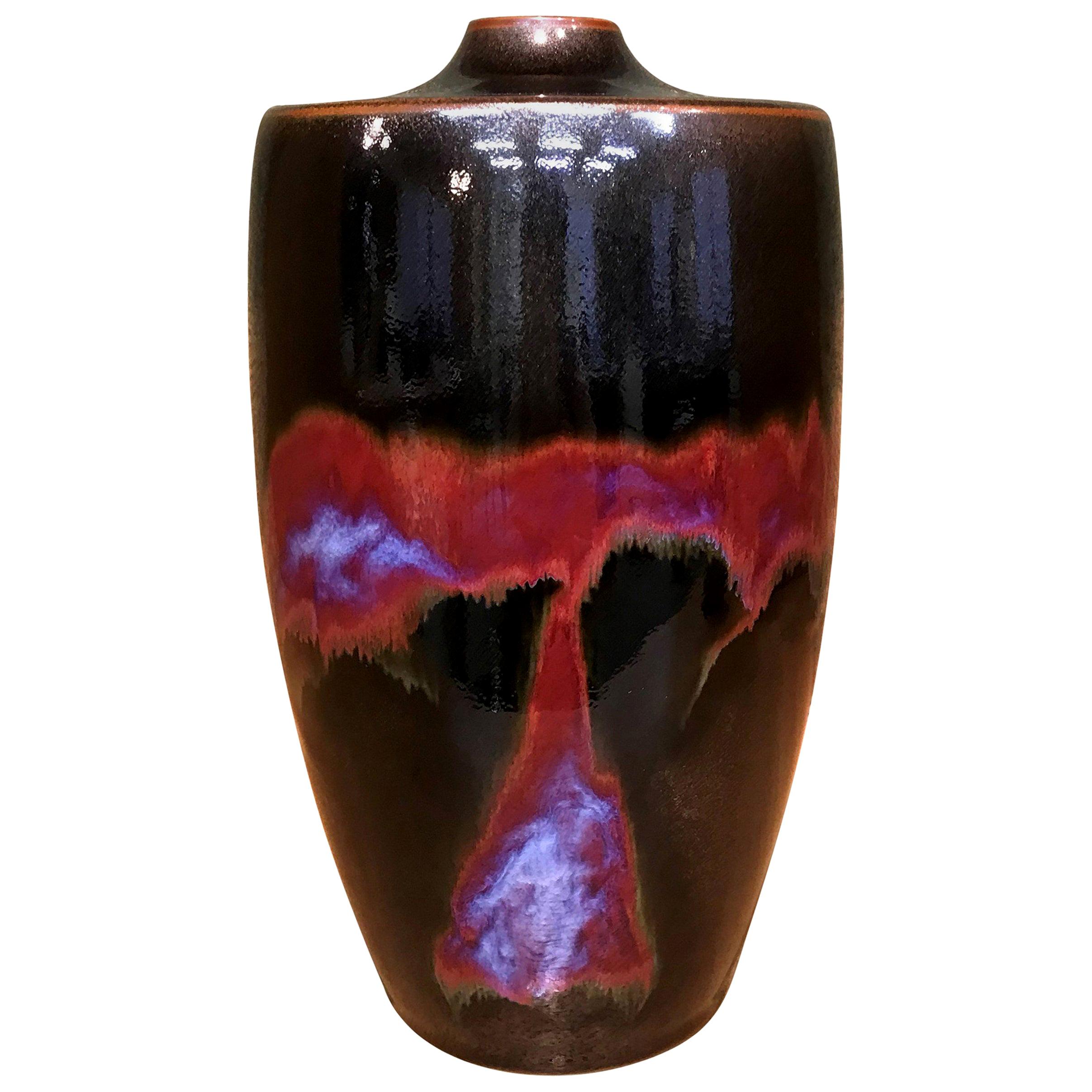 Japanese Contemporary Red Black Hand-Glazed Ceramic Vase by Master Artist