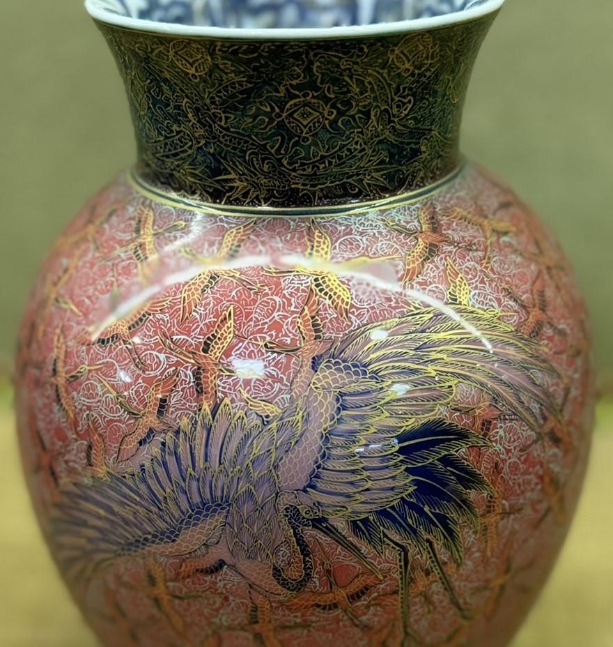 Meiji Japanese Contemporary Red Blue Black Gold Porcelain Vase by Master Artist, 2 For Sale