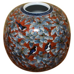 Japanese Contemporary Red Blue Gold Hand-Painted Porcelain Vase by Master Artist