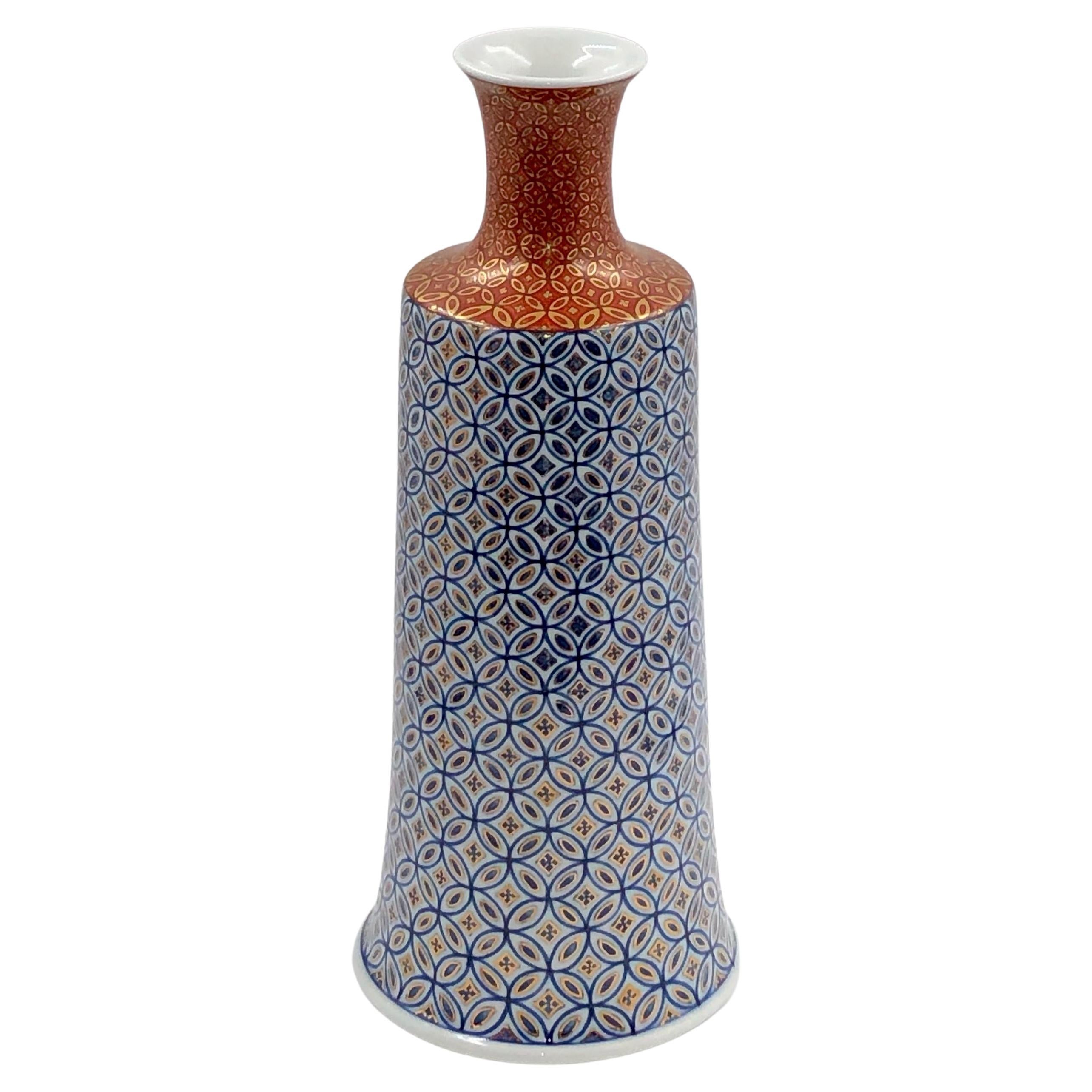 Japanese Contemporary Red Blue Gilded Porcelain Vase by Master Artist