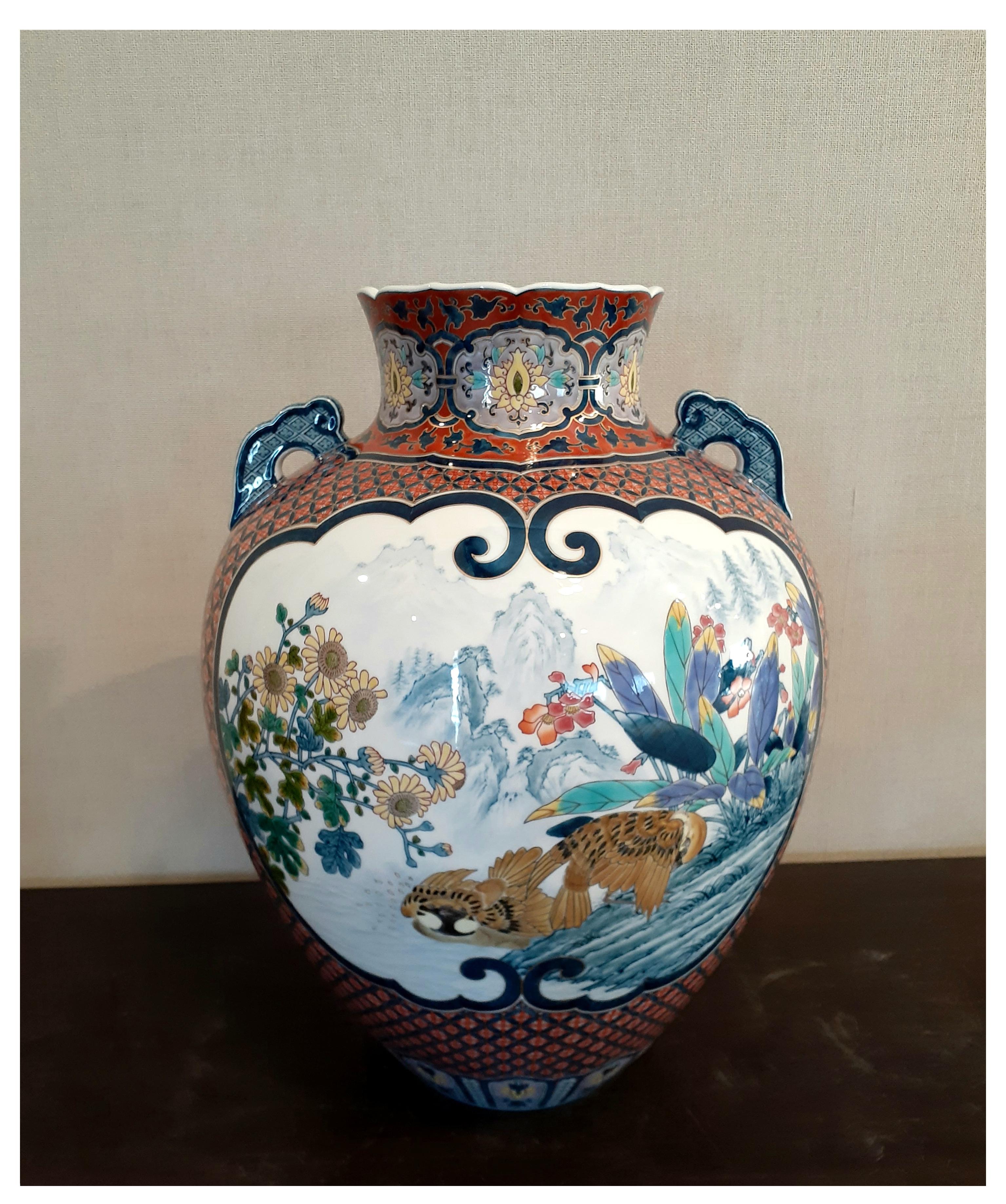 Meiji Japanese Contemporary Red Blue Gold Porcelain Vase by Master Artist, 3 For Sale