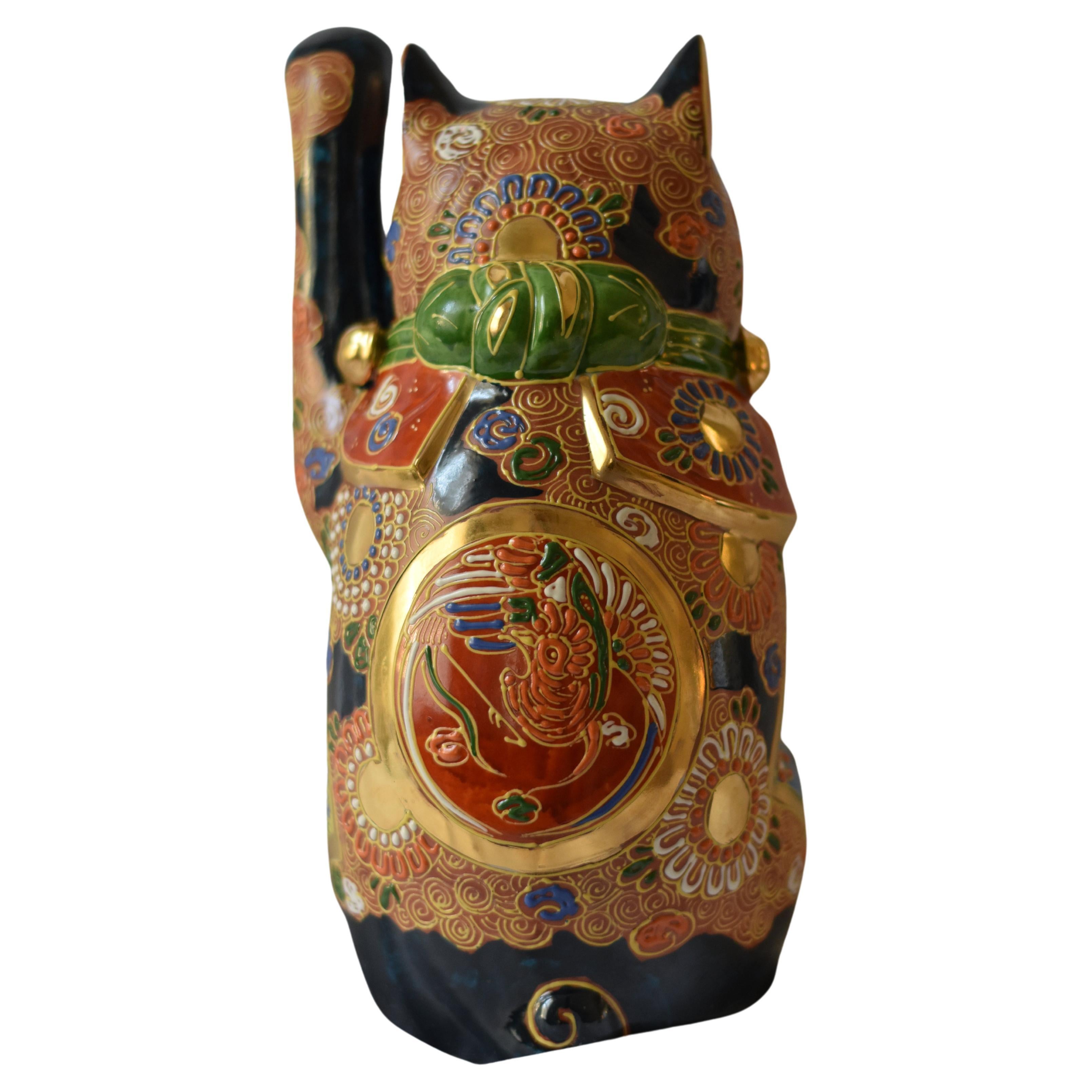 Meiji Japanese Contemporary Red Blue Green Gold Porcelain Lucky Cat Sculpture, 2 For Sale