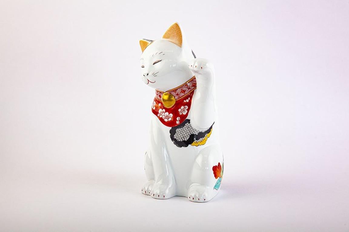 Japanese Contemporary Red Blue Green Gold Porcelain Lucky Cat Sculpture 3