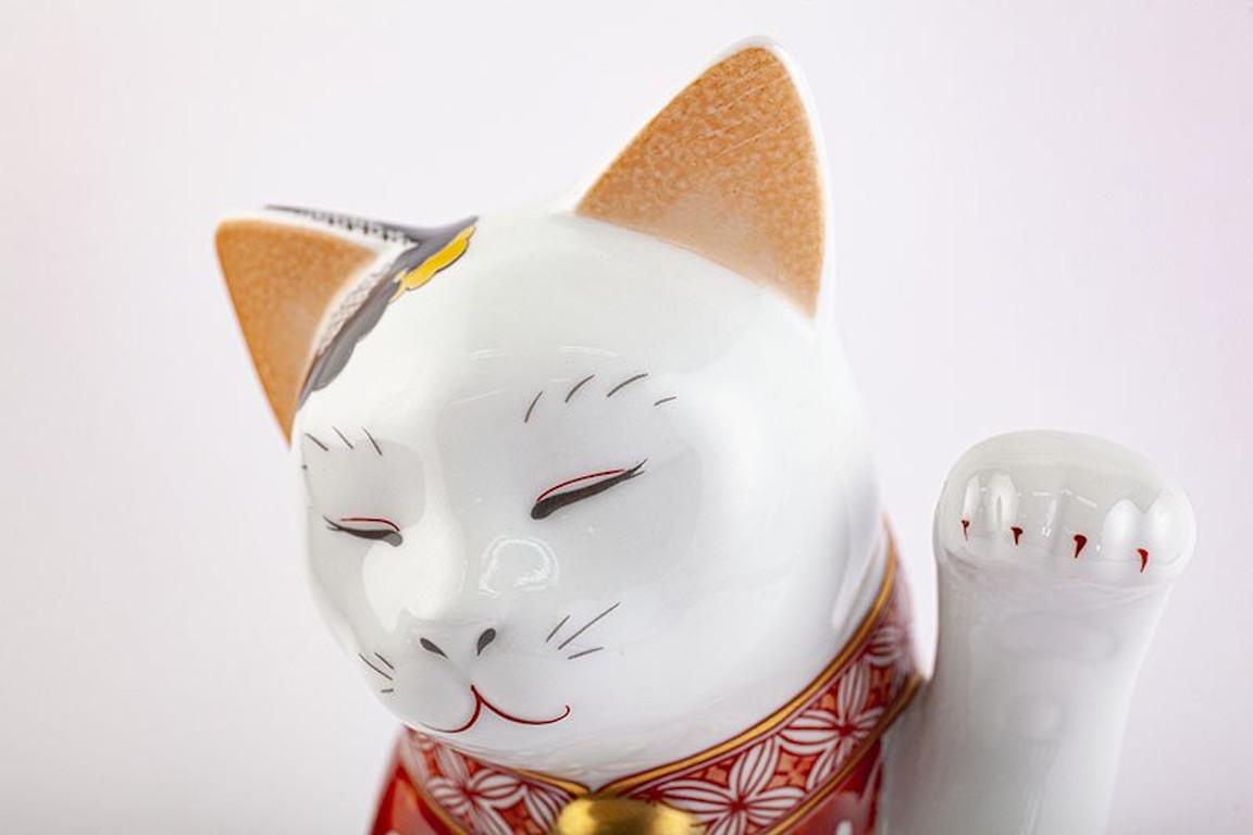 Japanese Contemporary Red Blue Green Gold Porcelain Lucky Cat Sculpture 4