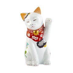 Japanese Contemporary Red Blue Green Gold Porcelain Lucky Cat Sculpture