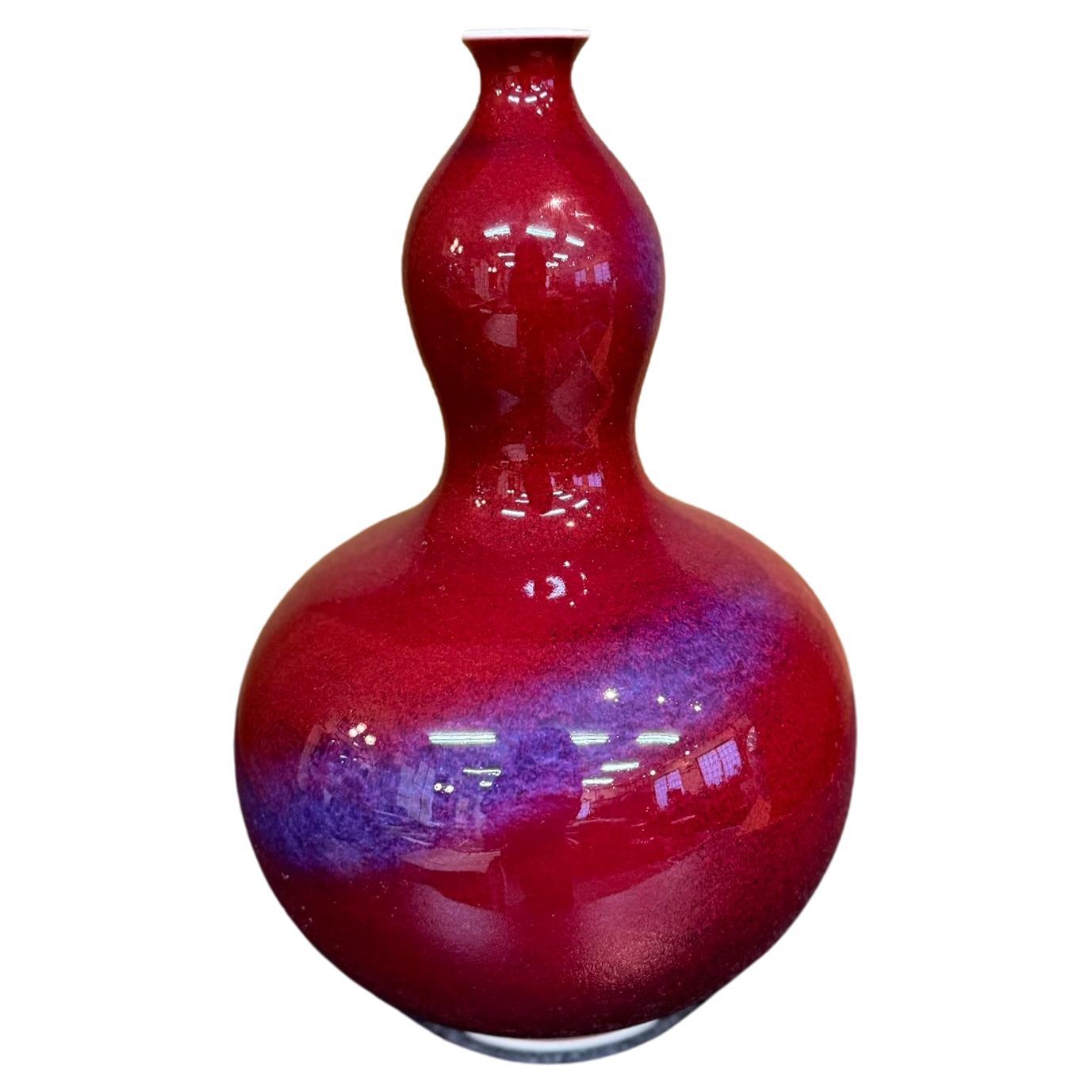 Japanese Contemporary Red Blue Hand-Glazed Porcelain Vase by Master Artist, 3