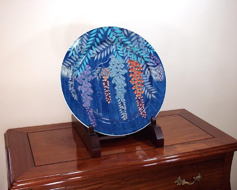 Hand-Painted Japanese Contemporary Red Blue Purple Porcelain Charger by Master Artist For Sale