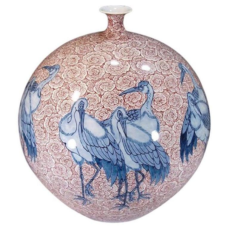Meiji Japanese Contemporary Red Blue Porcelain Vase by Master Artist, 4 For Sale