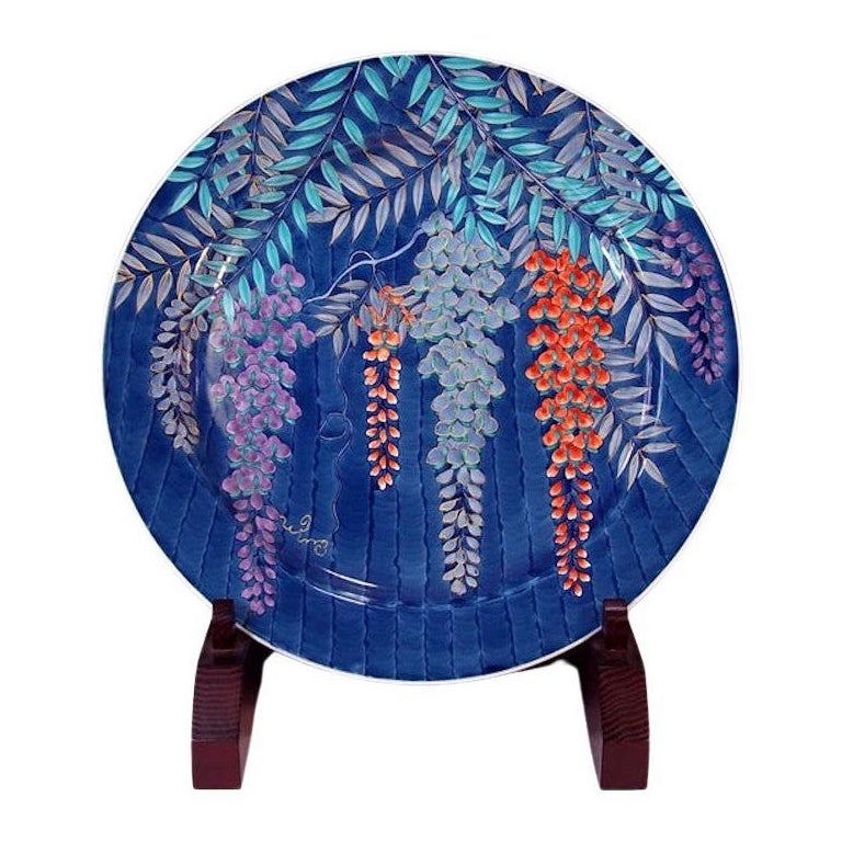 Japanese Contemporary Red Blue Purple Porcelain Charger by Master Artist
