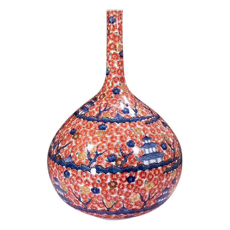 Japanese Contemporary Red Gilded Porcelain Vase by Master Artist