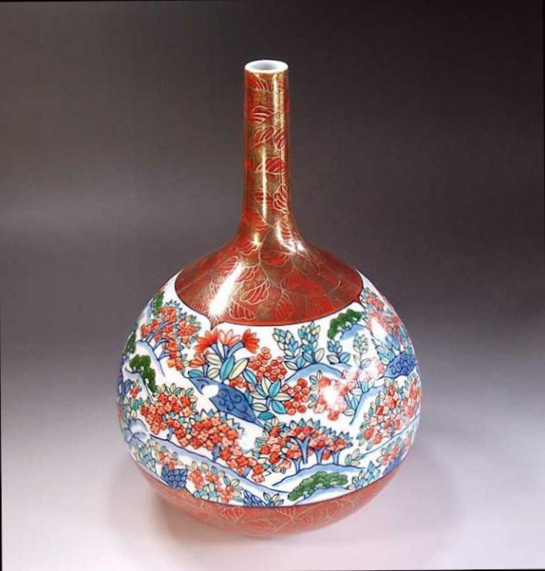 Gilt Japanese Contemporary Red Gold Porcelain Vase by Master Artist For Sale