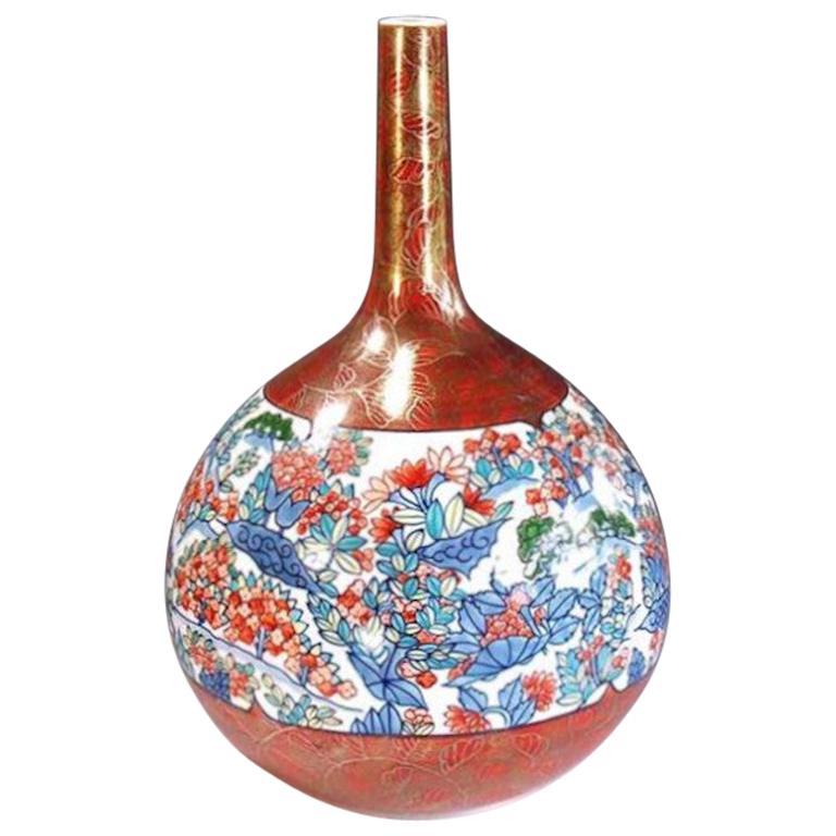 Japanese Contemporary Red Gold Porcelain Vase by Master Artist For Sale