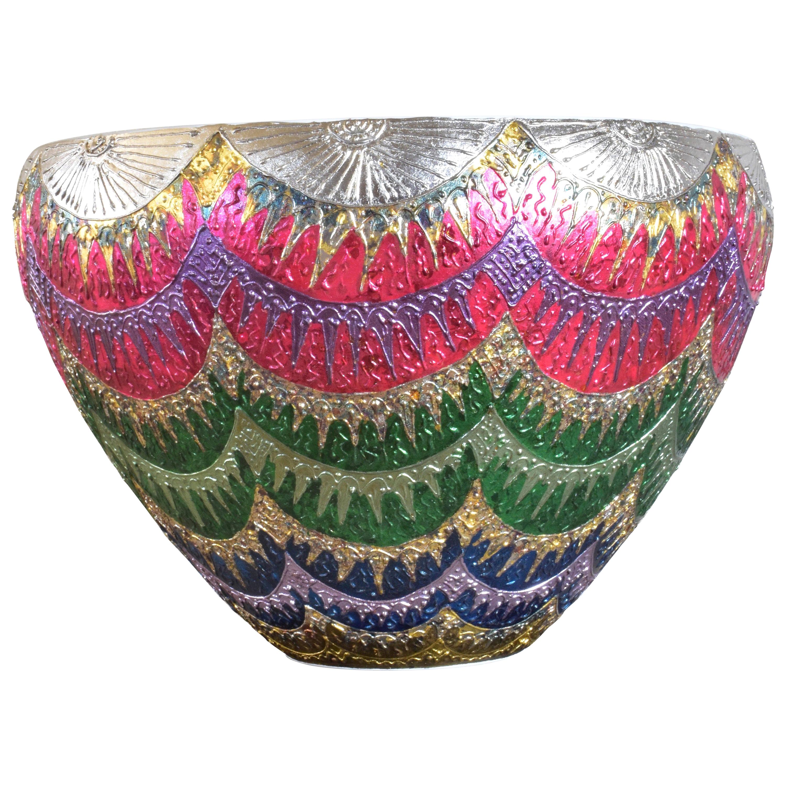 Japanische Zeitgenössische Rot Grün Blau Platin Porzellan Vase von Meister Künstler im Angebot