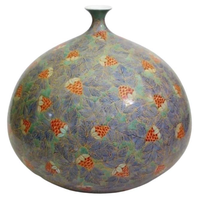 Jarrón Contemporáneo Japonés de Porcelana Rojo Verde Púrpura del Maestro Artista, 2 en venta
