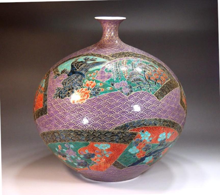 Gilt Japanese Contemporary Red Green Purple Porcelain Vase by Master Artist, 3 For Sale