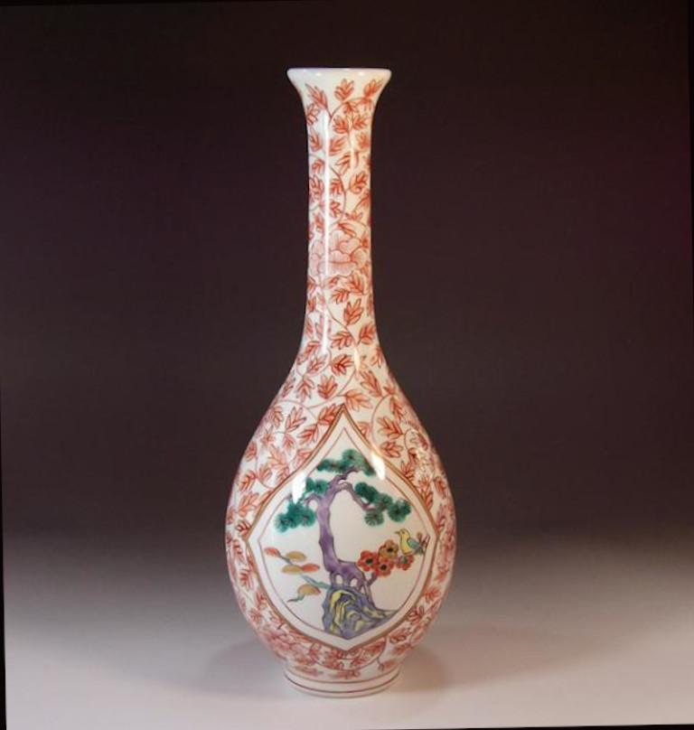 Meiji Japanese Contemporary Red Green White Porcelain Vase by Master Artist, 3 For Sale