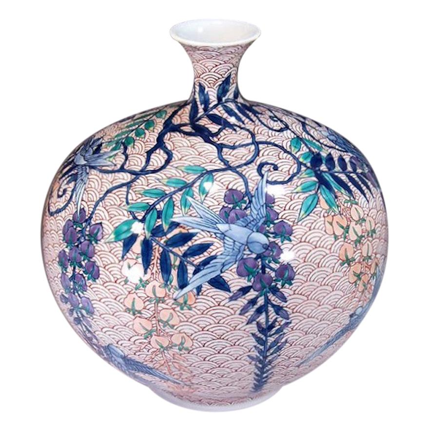 Vase contemporain japonais en porcelaine rouge, violette et verte par un maître artiste