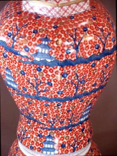 Japanese Contemporary Red Three-Piece Porcelain Temple Jar by Master Artist