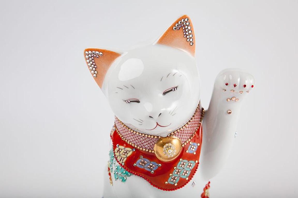 Japanese Contemporary Red White Gold Porcelain Lucky Cat Sculpture 5