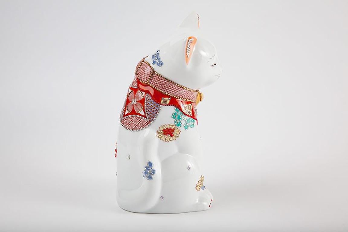 Japanese Contemporary Red White Gold Porcelain Lucky Cat Sculpture 3