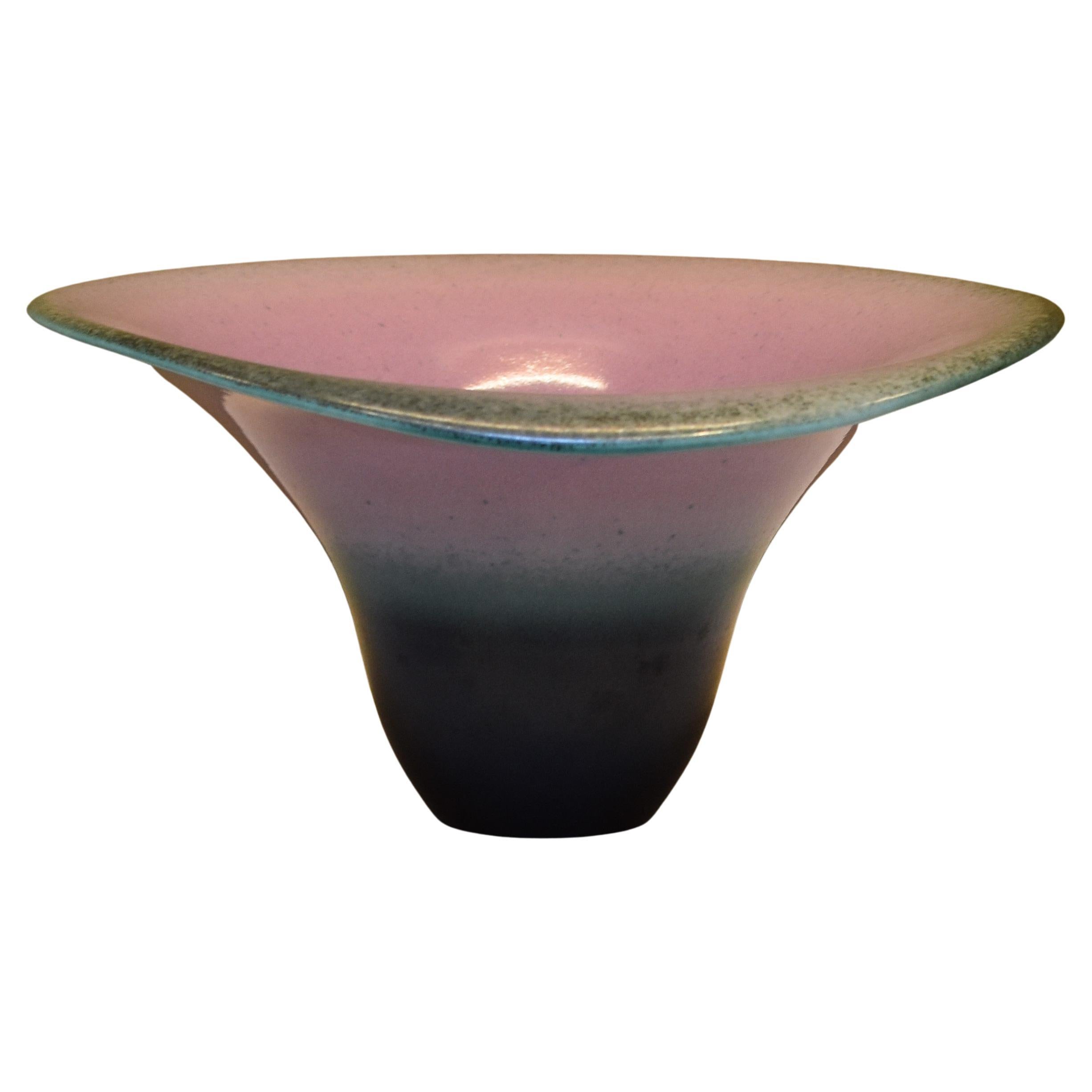 Extraordinary museum quality Japanese contemporary hand-glazed signed decorative porcelain vase/centerpiece in a breathtaking, graceful flared shape in stunning combination of rose, green and black, a mesmerizing exhibition masterpiece by a highly