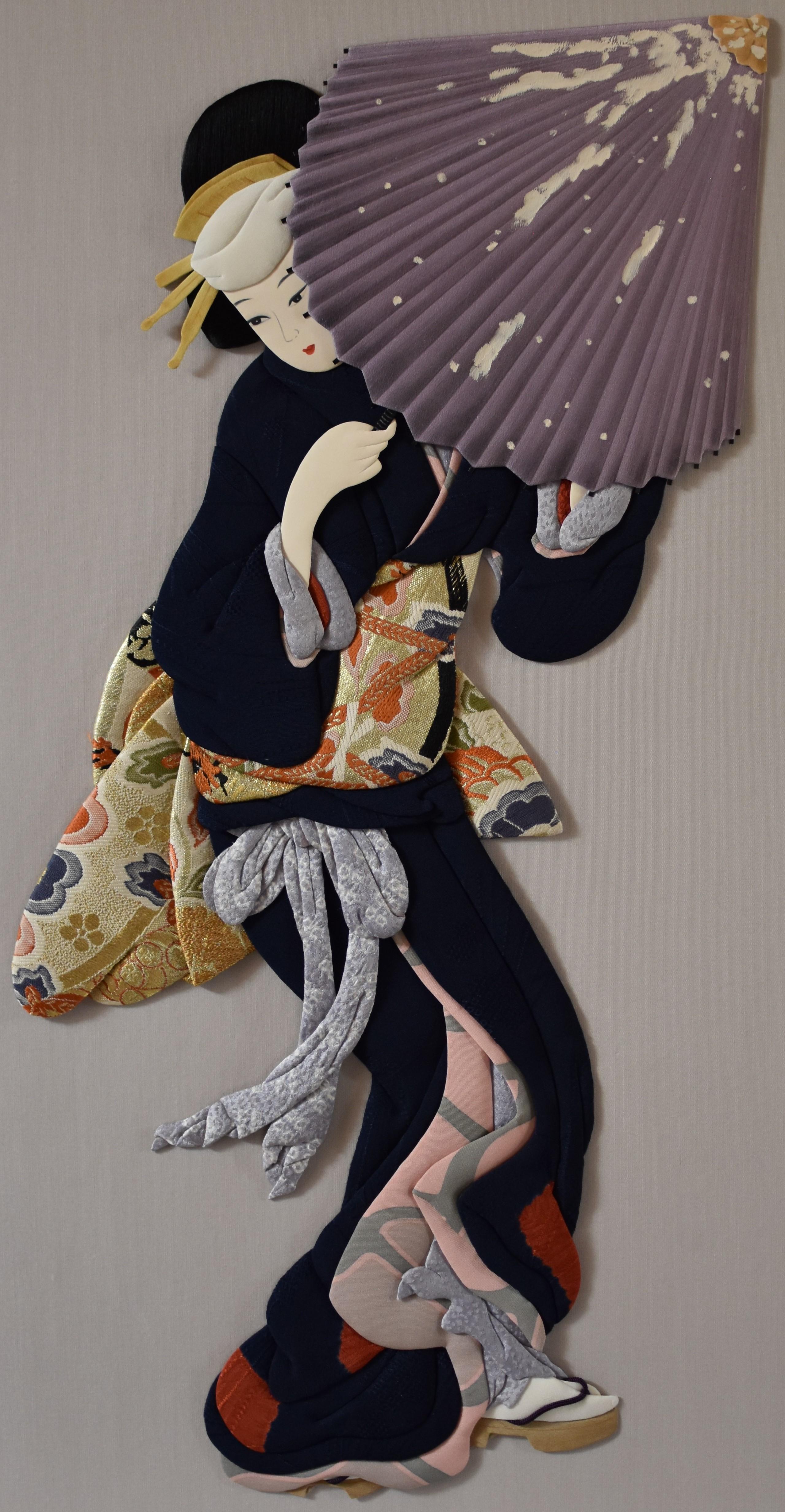 Japanese Contemporary Silk Brocade Handcrafted Oshie Decorative Art, Black Green 3