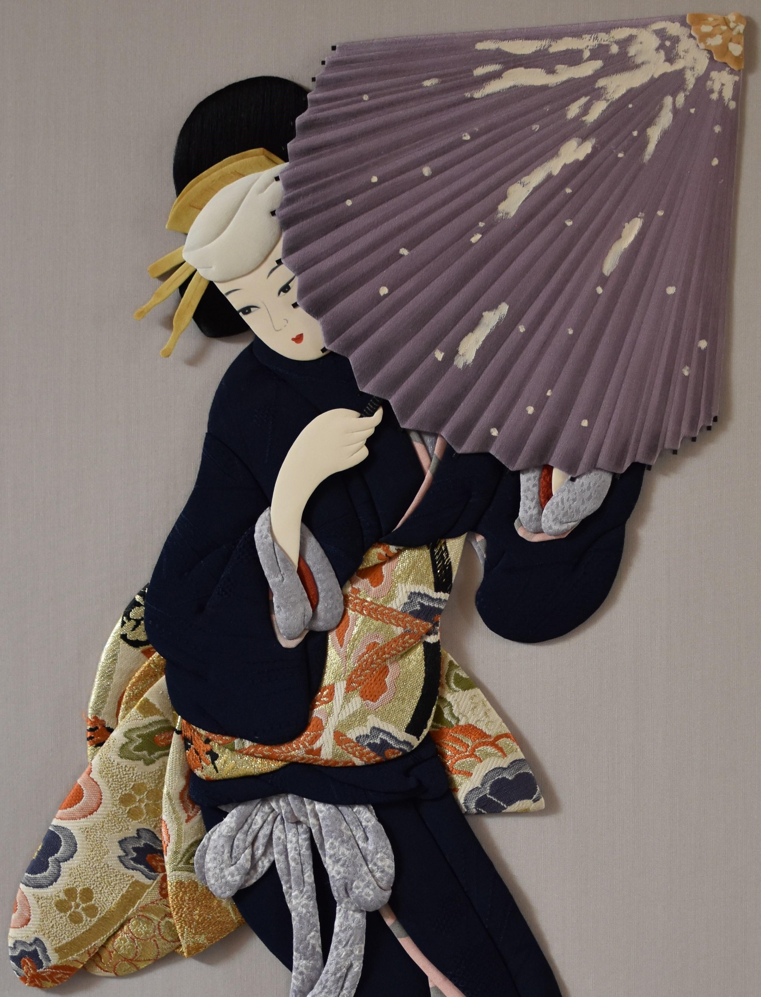 Mesmerizing contemporary Japanese handcrafted traditional Oshie wall decorative art form using high quality kimono silk and brocade fabrics, known as oshie (literally, “pressed pictures”) that goes back to the Edo period (1603-1868). It is said this