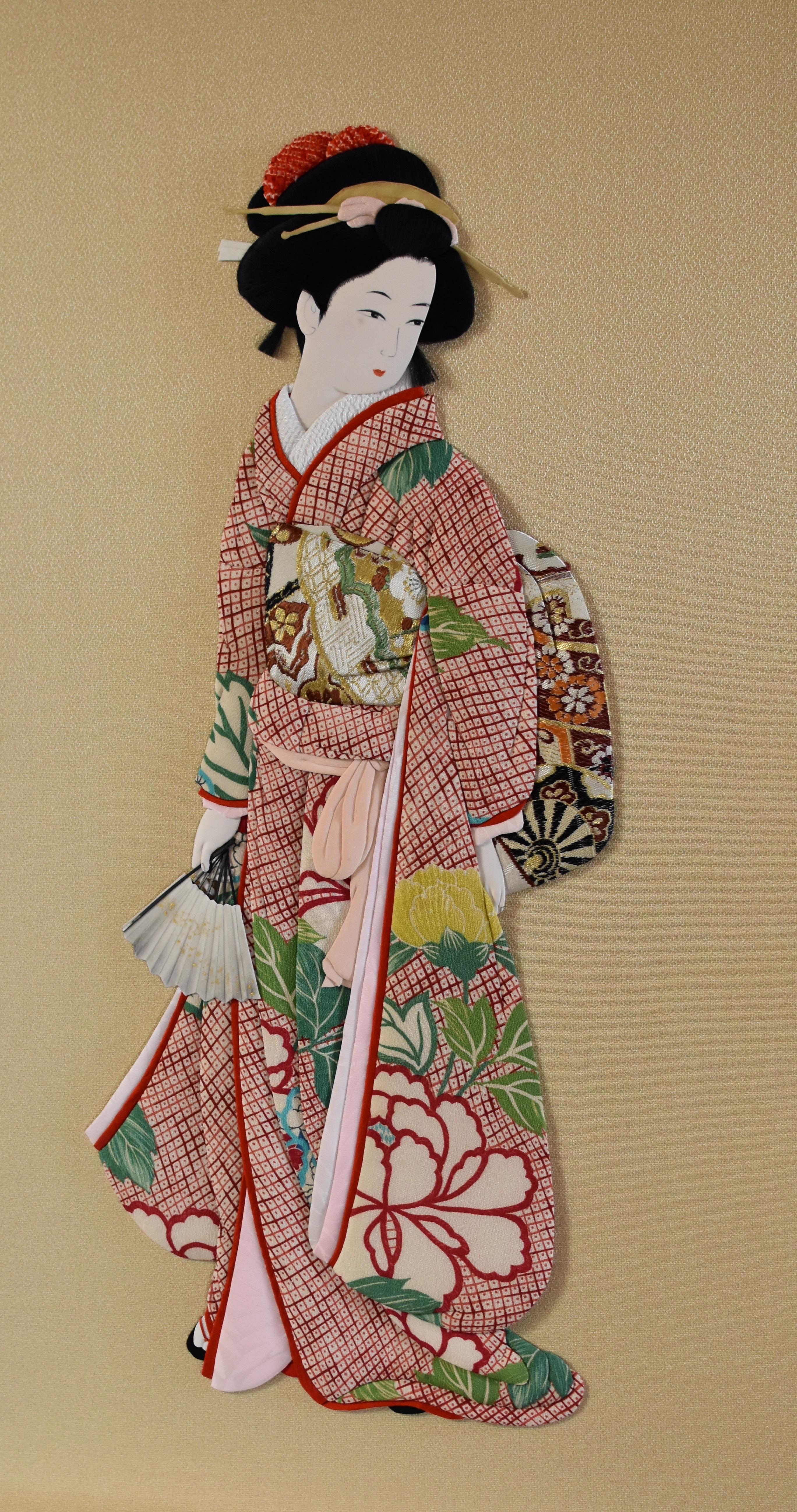 Extraordinary hand-crafted Japanese contemporary traditional oshie decorative art piece with a stunning three-dimensional effect. This is a traditional Japanese handcrafted wall decorative art form using high quality kimono silk and brocade fabrics,
