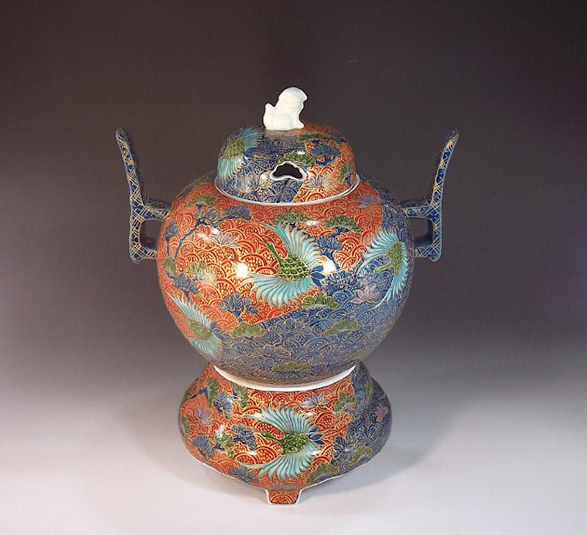 Meiji Japanese Contemporary Three-Piece Red Blue Gold Porcelain Jar by Master Artist For Sale