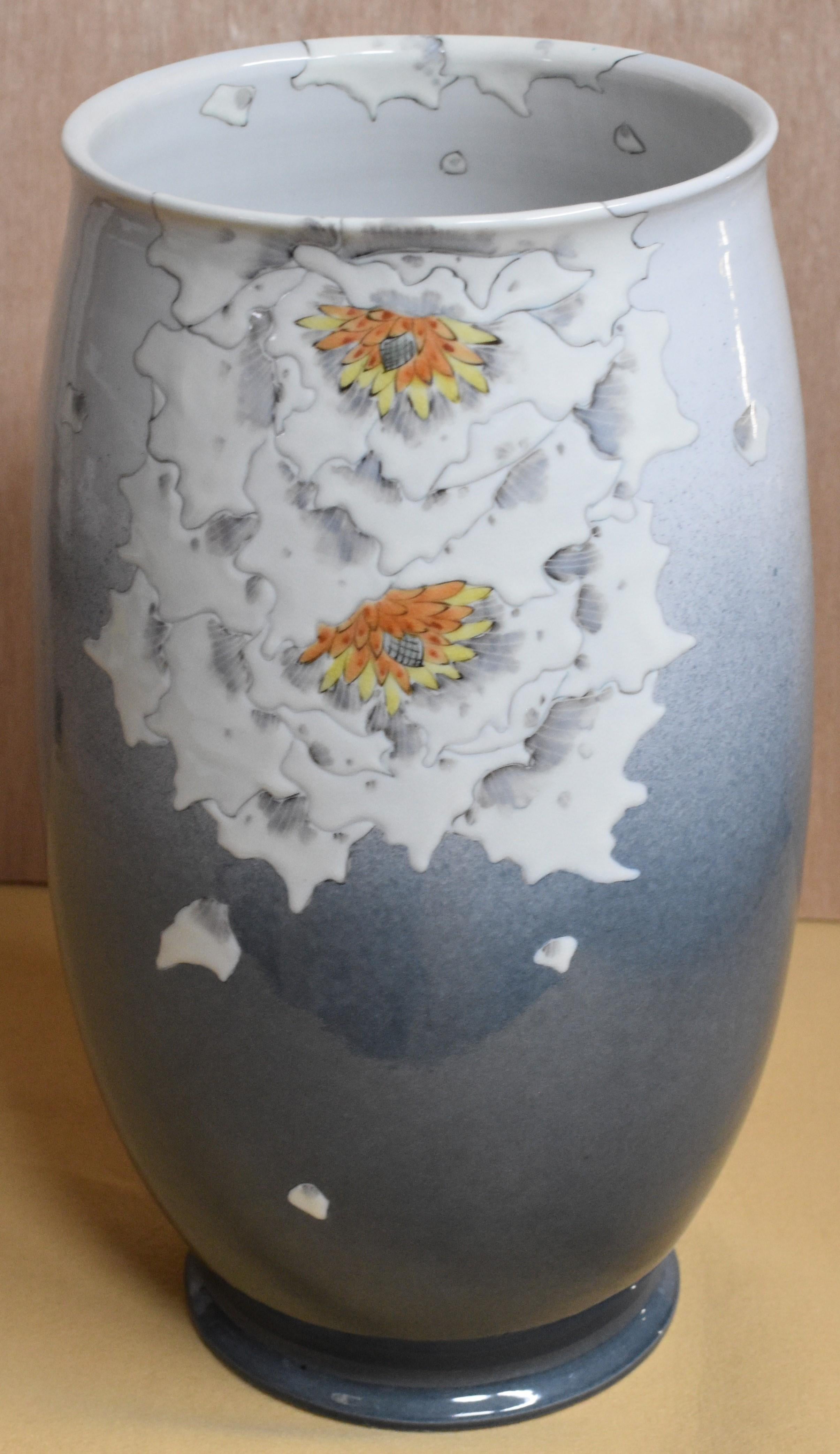 Hand-Painted Japanese Contemporary White Blue Grey Porcelain Vase by Master Artist, 4 For Sale