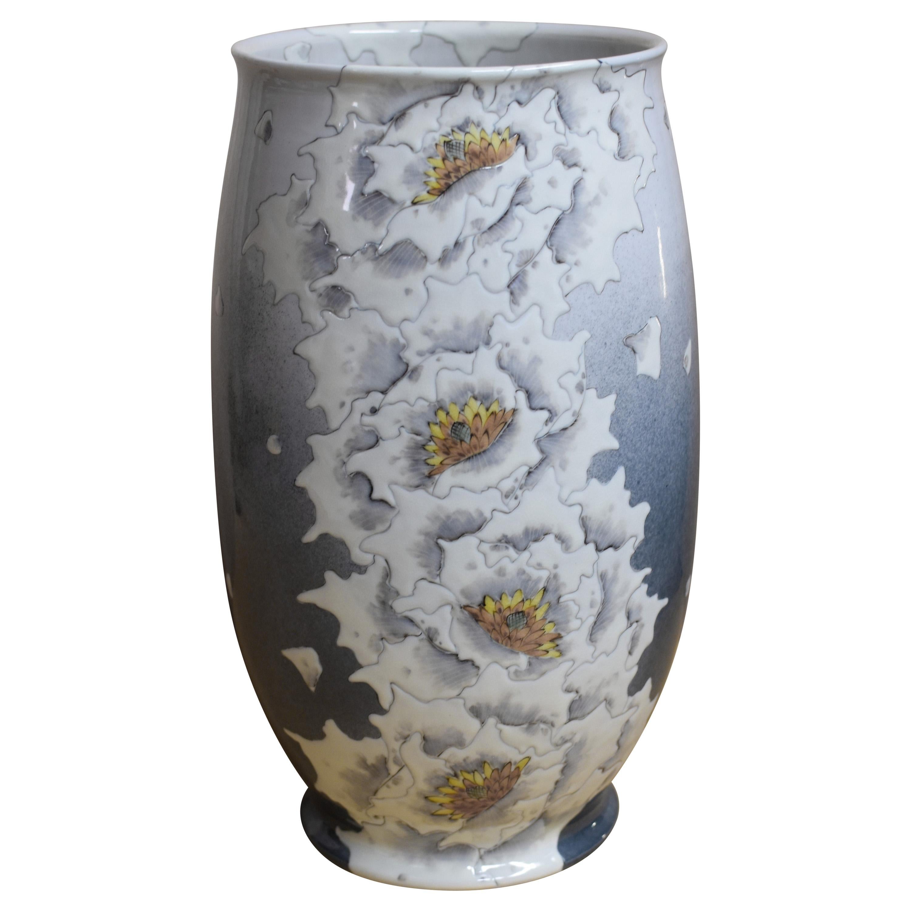 Meiji Japanese Contemporary White Blue Grey Porcelain Vase by Master Artist, 4 For Sale
