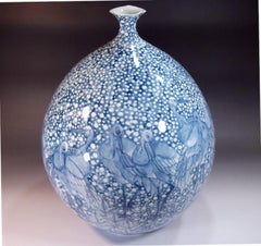 Japanese Contemporary White Blue Porcelain Vase by Master Artist, 4