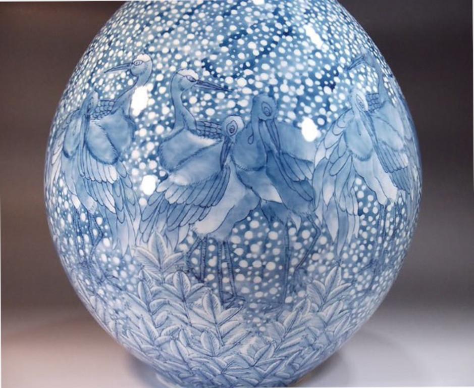 Meiji Japanese Contemporary White Blue Porcelain Vase by Master Artist, 4 For Sale