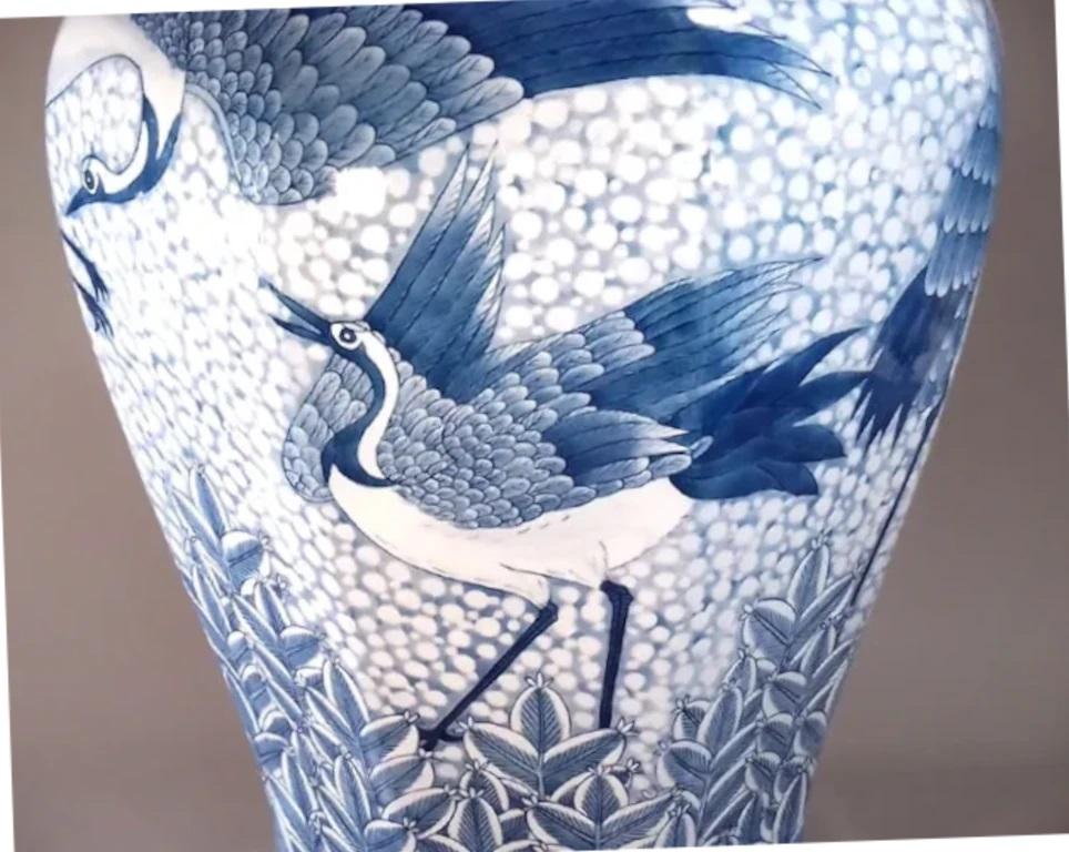 Meiji Japanese Contemporary White Blue Porcelain Vase by Master Artist, 5 For Sale