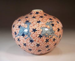 Japanisches Contemporary Weiß Blau Rot Porzellan Servierplatte des Meisterkünstlers, 3