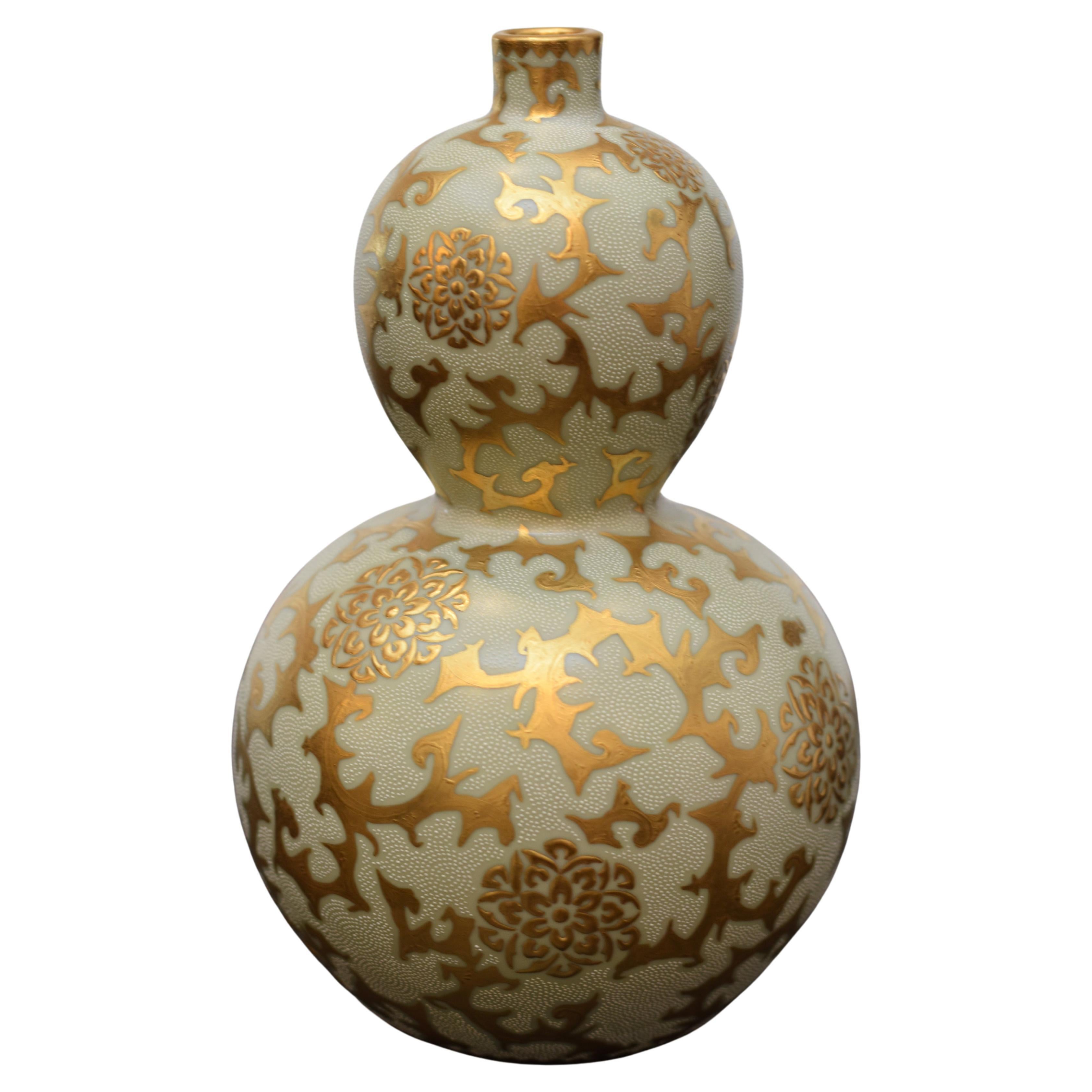 Gilt  Japanese Contemporary  White Pure Gold Porcelain Vase by Master Artist, 3 For Sale