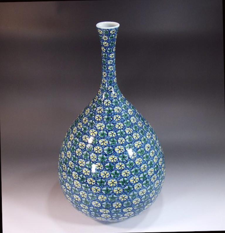 Hand-Painted Japanese Contemporary Yellow Blue Green Porcelain Vase by Master Artist, 3 For Sale