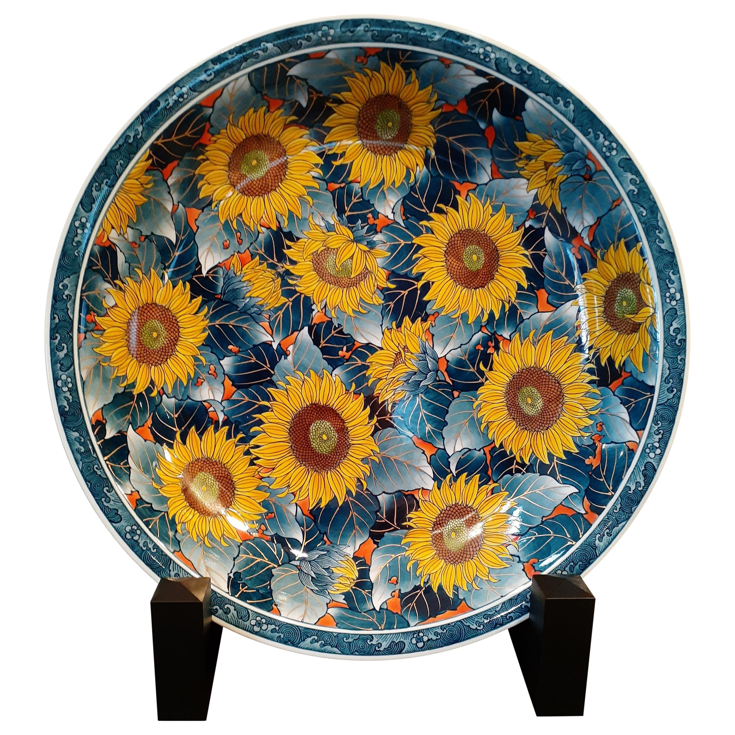 Japanese Contemporary Yellow Blue Orange Porcelain Charger by Master Artist