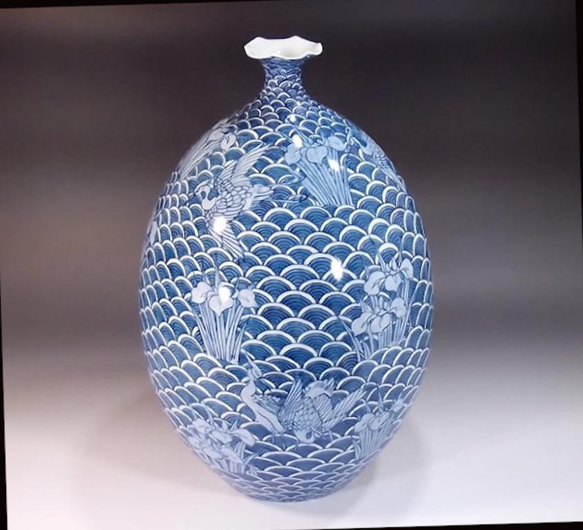 Hand-Painted Japanese Contempory Blue Decorative Porcelain Vase by Master Artist For Sale
