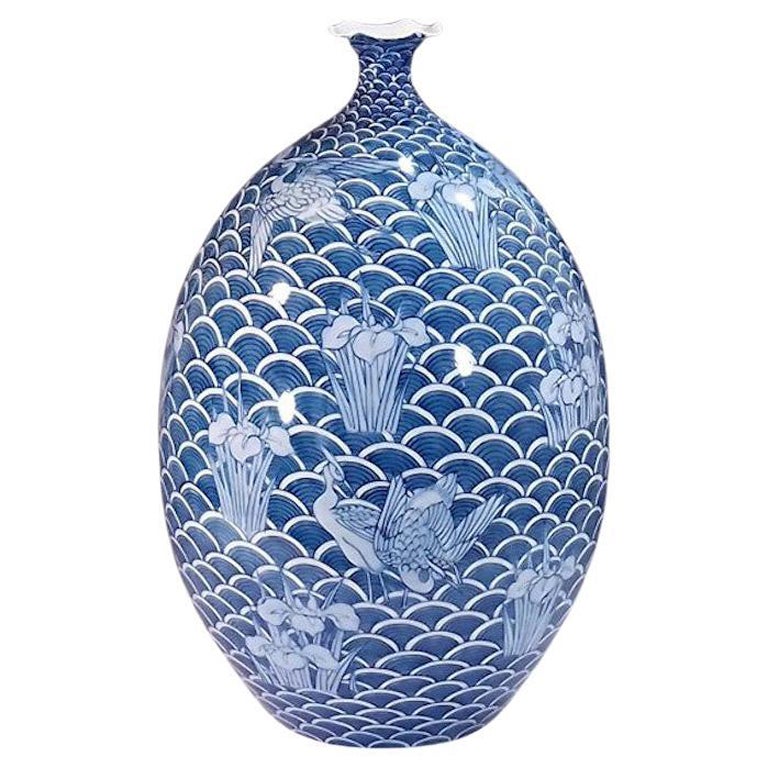 Japanische japanische zeitgenössische blaue dekorative Porzellanvase von Meisterkünstler