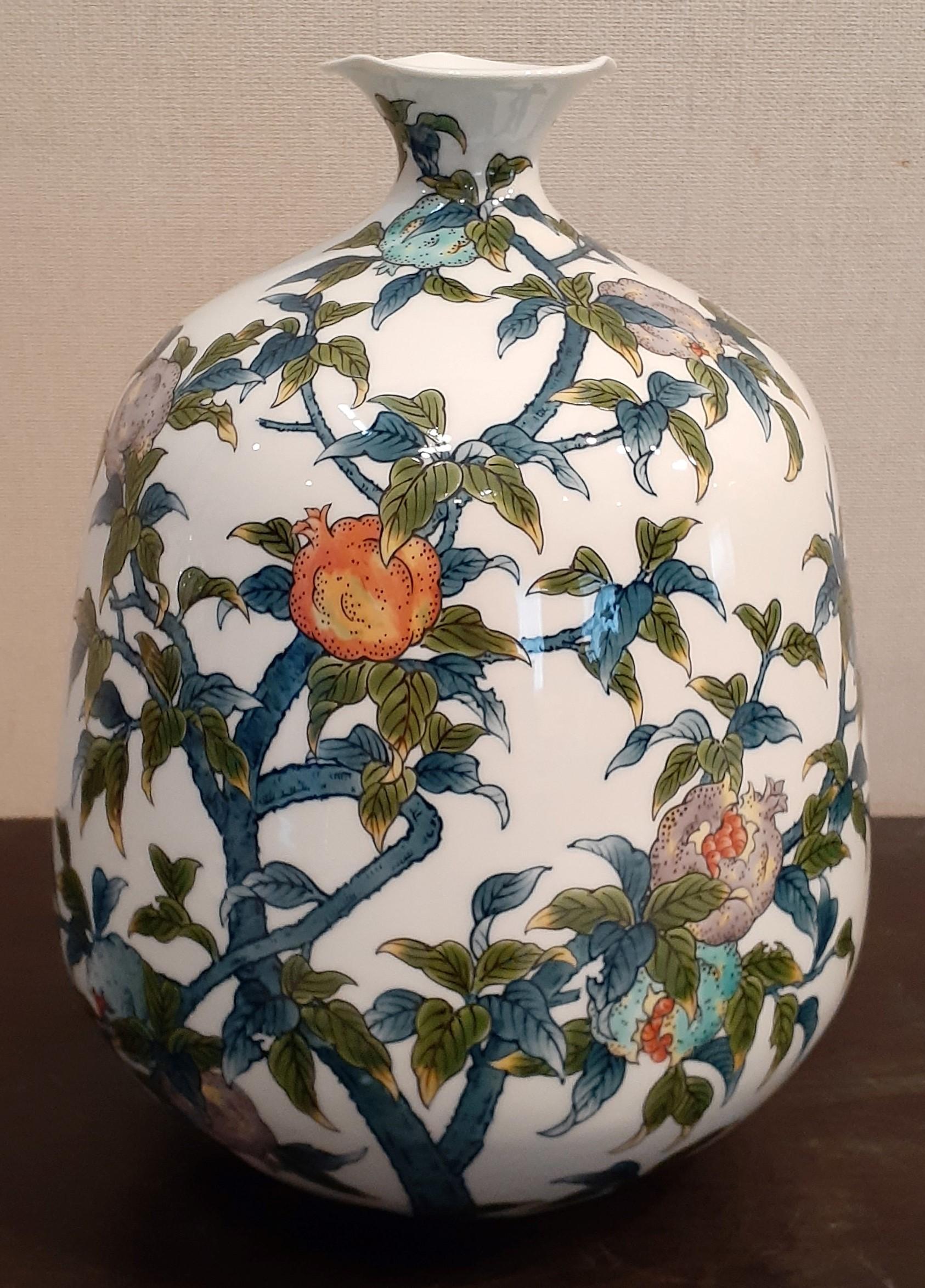 Contemporary Japanese Contempory Green Blue Orange Porcelain Vase by Master Artist