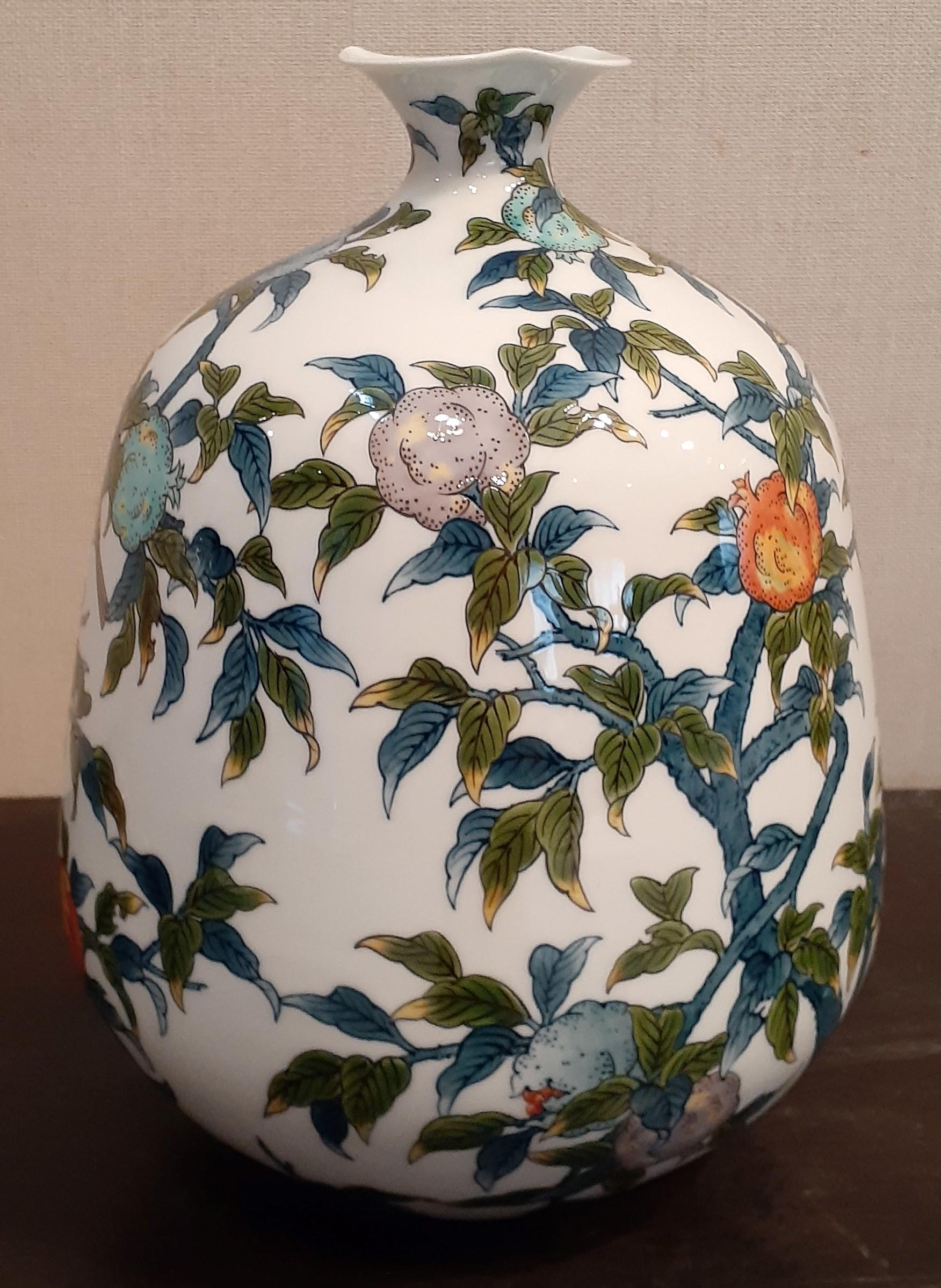 Japanese Contempory Green Blue Orange Porcelain Vase by Master Artist 1