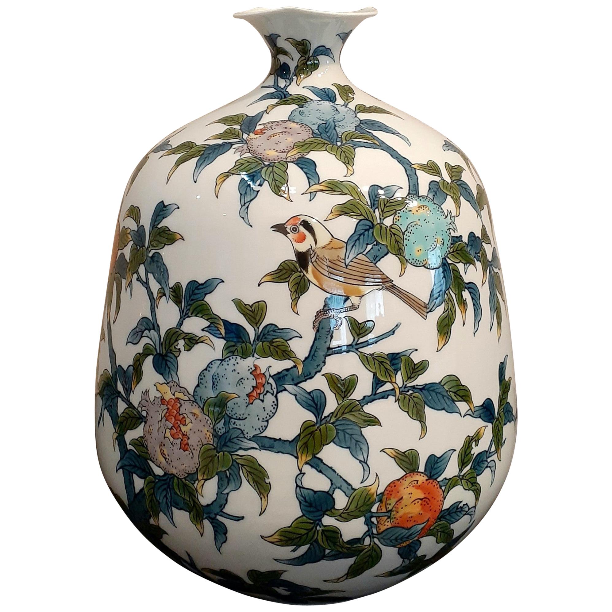 Japanese Contempory Green Blue Orange Porcelain Vase by Master Artist