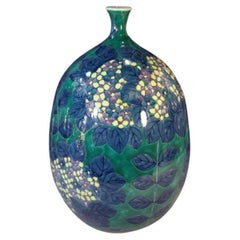 Japanese Contemprary Blue Green Hand-Painted Porcelain Vase by Master Artist