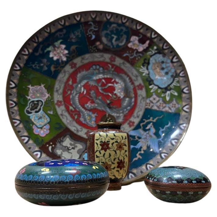 Japanese Copper and Cloisonne Set For Sale 1