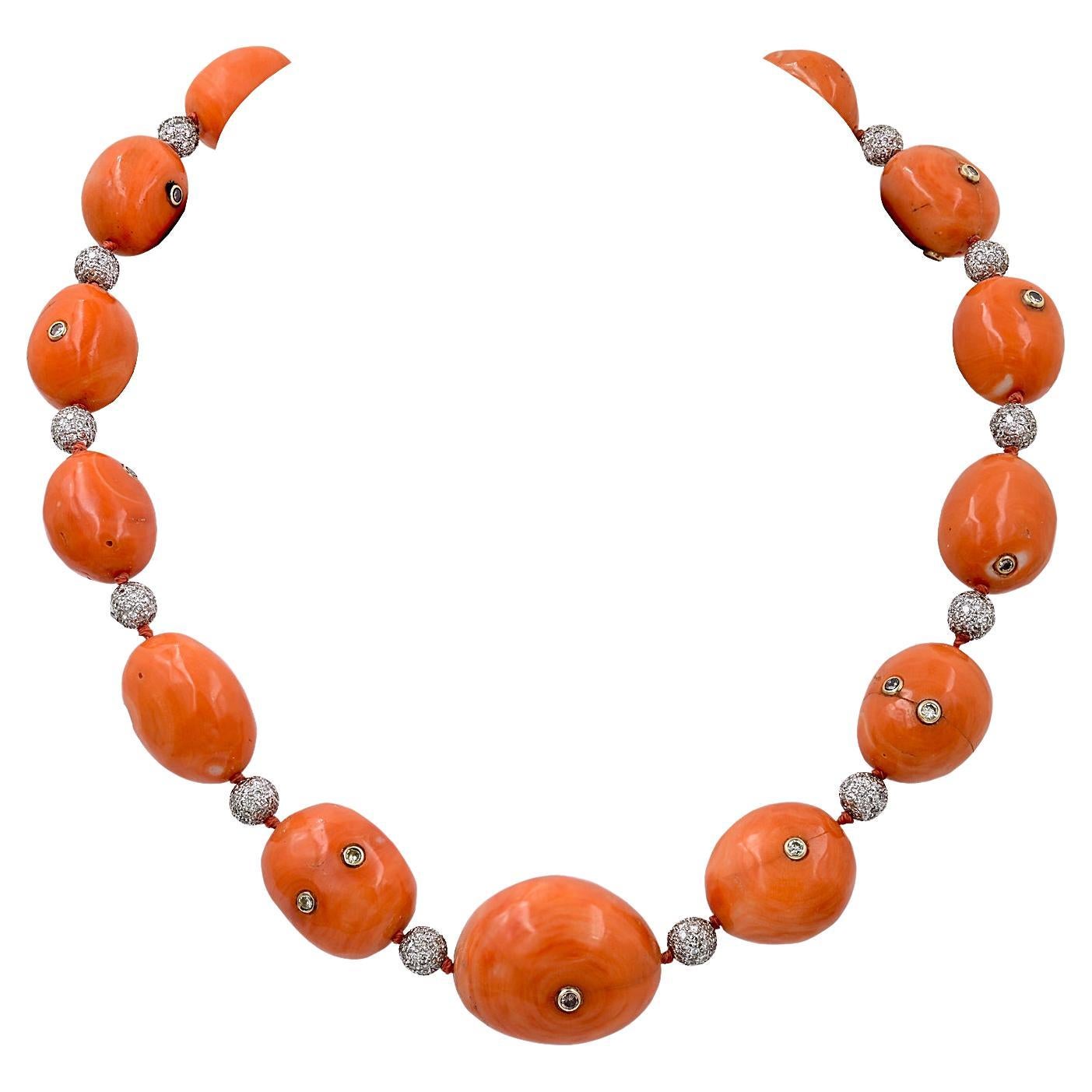 Japanese Coral Beads and Diamond Balls Necklace For Sale