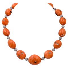 Japanese Coral Beads and Diamond Balls Necklace